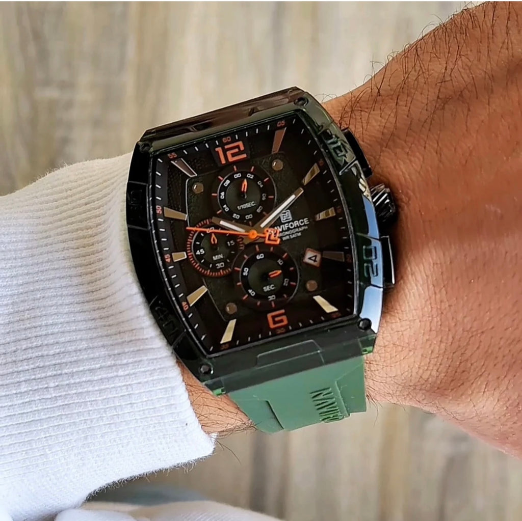 ساعة نايفيفورس الرياضية للرجال باللون الأخضر الزيتي | Naviforce Green Sporty Chronograph Men's Watch