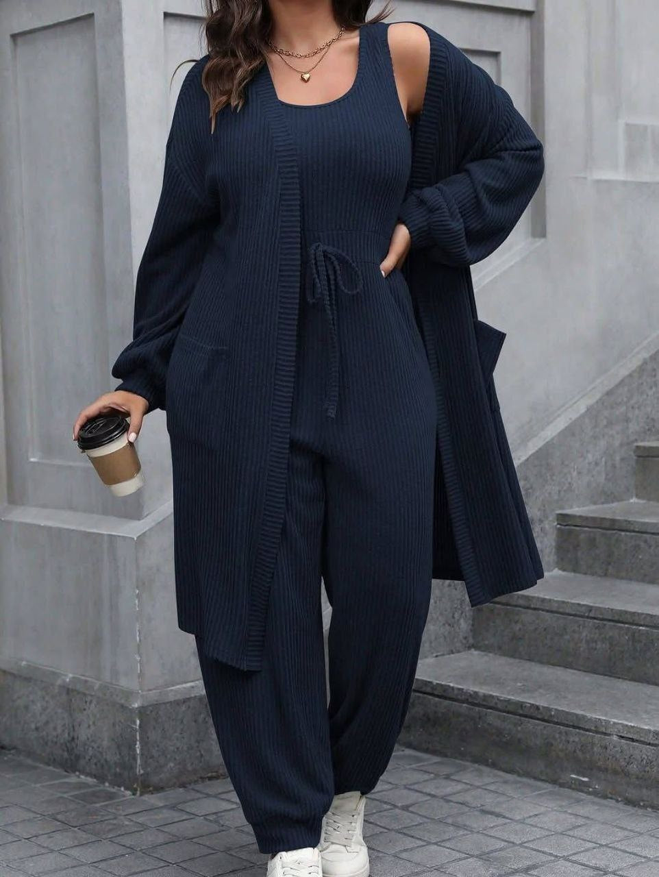 طقم سالوبيت كاجوال عصري قطعتين | Premium 2-Piece Jumpsuit & Cardigan Set
