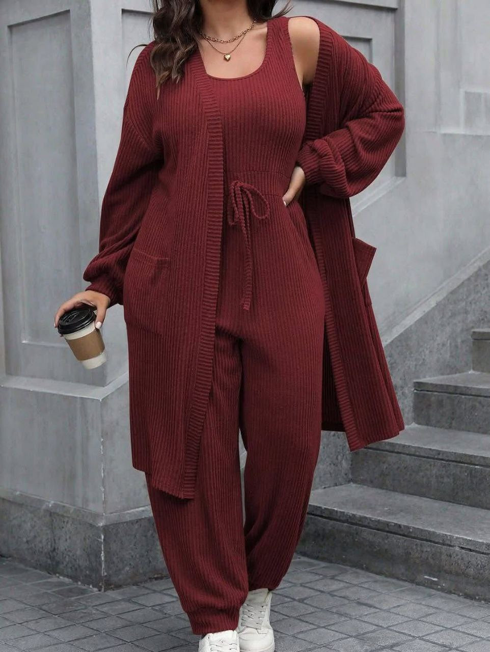 طقم سالوبيت كاجوال عصري قطعتين | Premium 2-Piece Jumpsuit & Cardigan Set