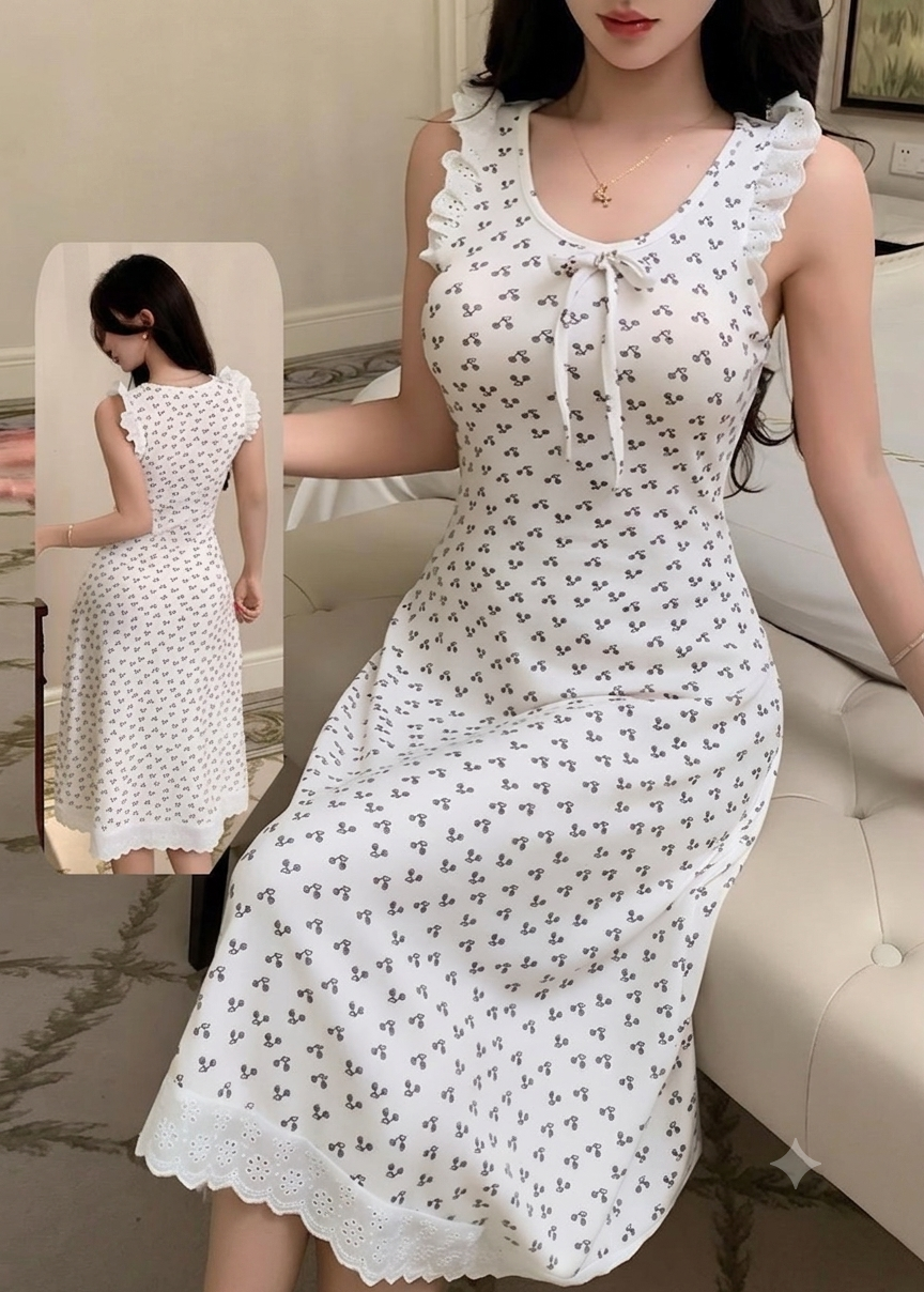 فستان منزلي ناعم بياقة كشكش وتطريزات رقيقة | Elegant Ruffled Lounge Dress with Delicate Embroidery