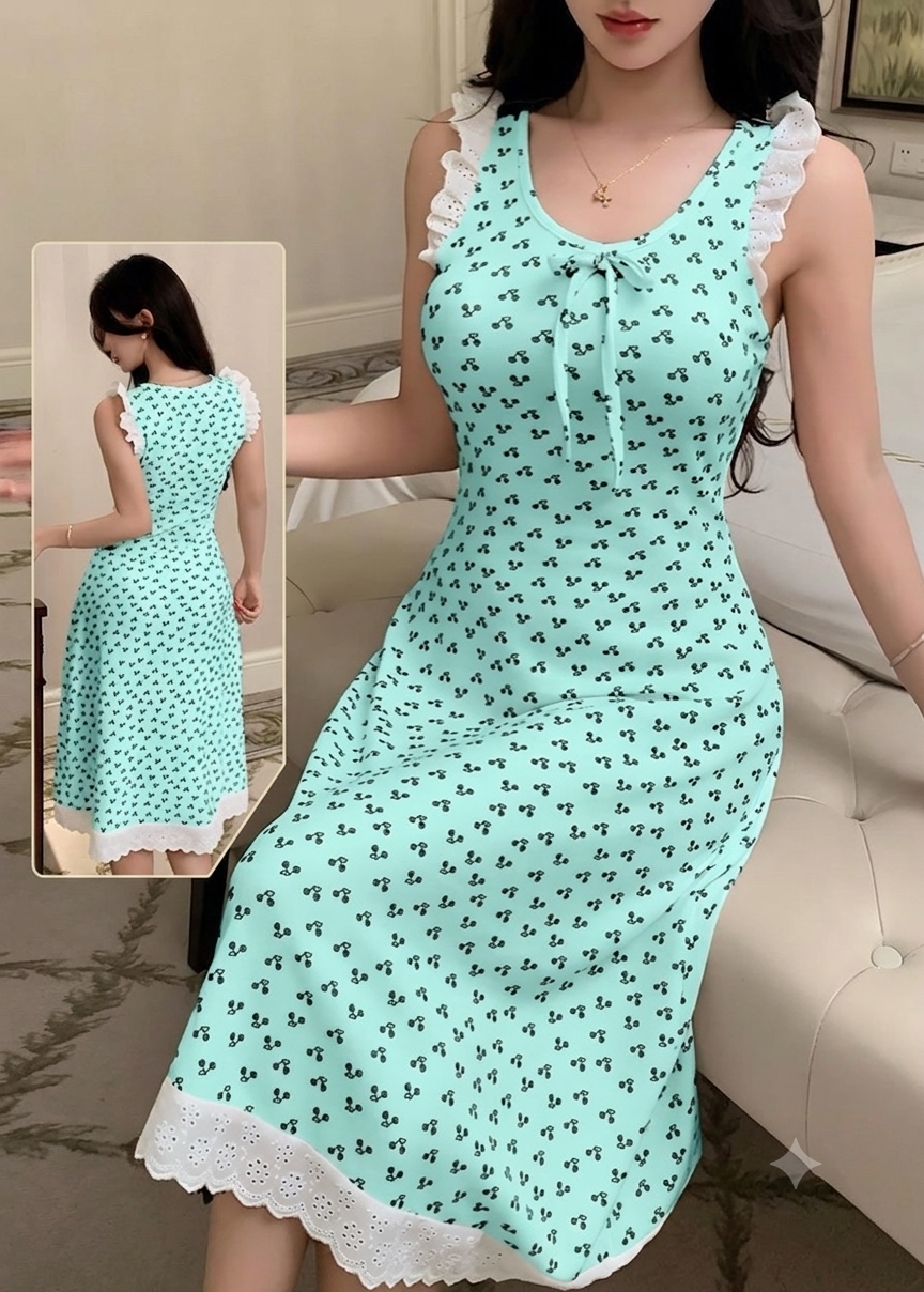 فستان منزلي ناعم بياقة كشكش وتطريزات رقيقة | Elegant Ruffled Lounge Dress with Delicate Embroidery