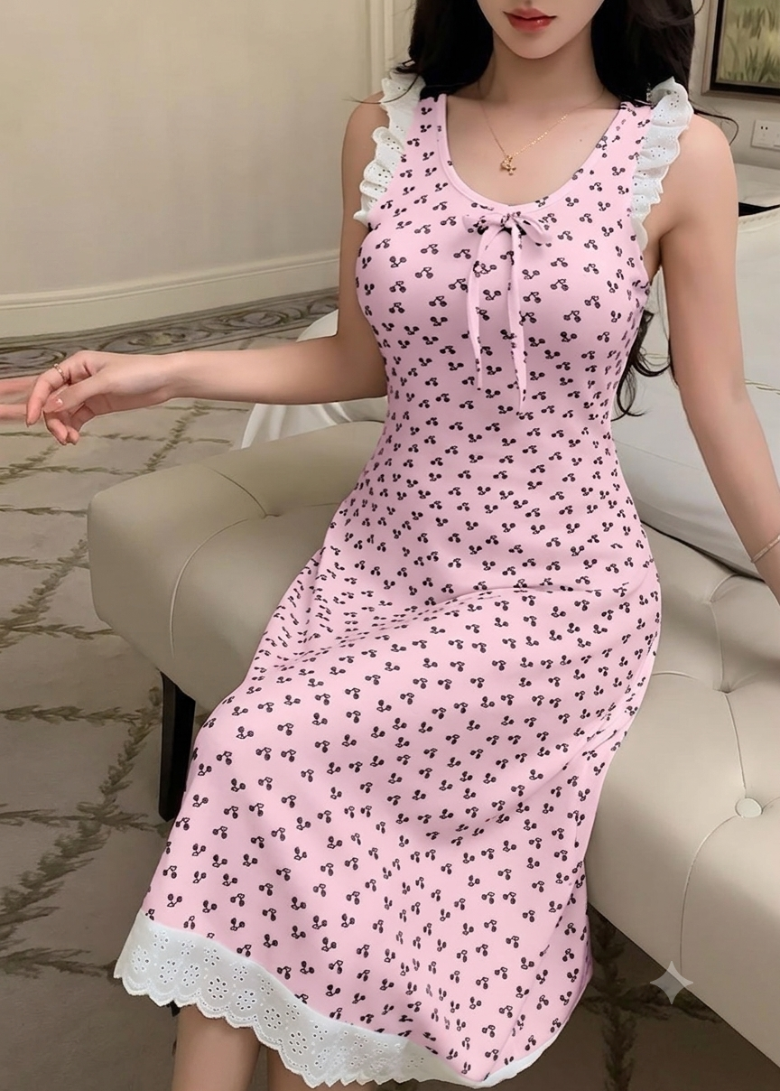 فستان منزلي ناعم بياقة كشكش وتطريزات رقيقة | Elegant Ruffled Lounge Dress with Delicate Embroidery