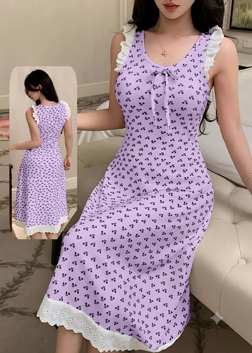 فستان منزلي ناعم بياقة كشكش وتطريزات رقيقة | Elegant Ruffled Lounge Dress with Delicate Embroidery