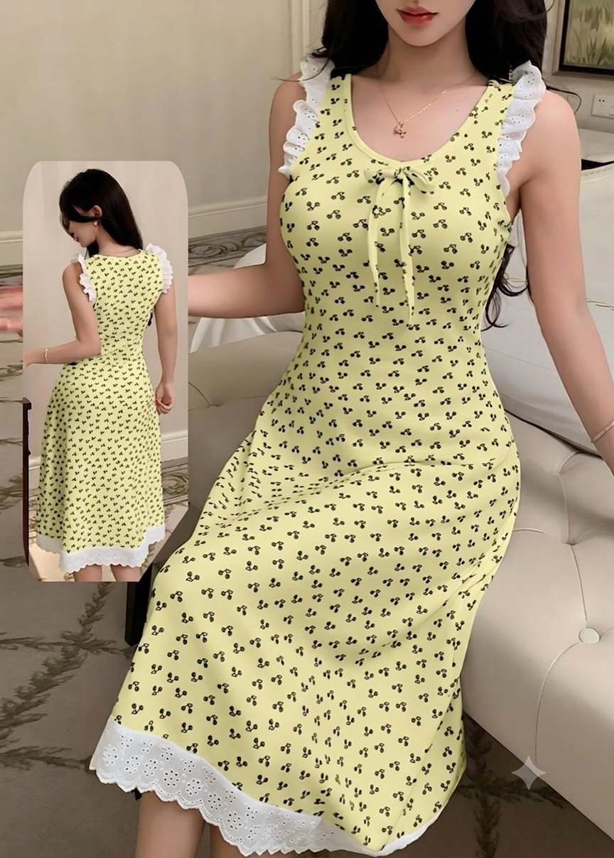 فستان منزلي ناعم بياقة كشكش وتطريزات رقيقة | Elegant Ruffled Lounge Dress with Delicate Embroidery