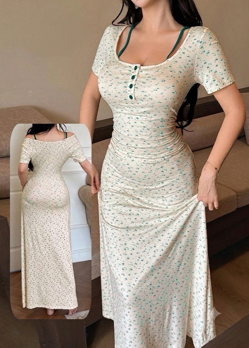 فستان منزلي ميدي بتصميم كلاسيكي وأزرار أمامية | Classic Midi Lounge Dress with Front Buttons