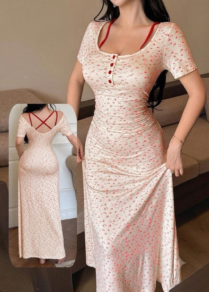 فستان منزلي ميدي بتصميم كلاسيكي وأزرار أمامية | Classic Midi Lounge Dress with Front Buttons