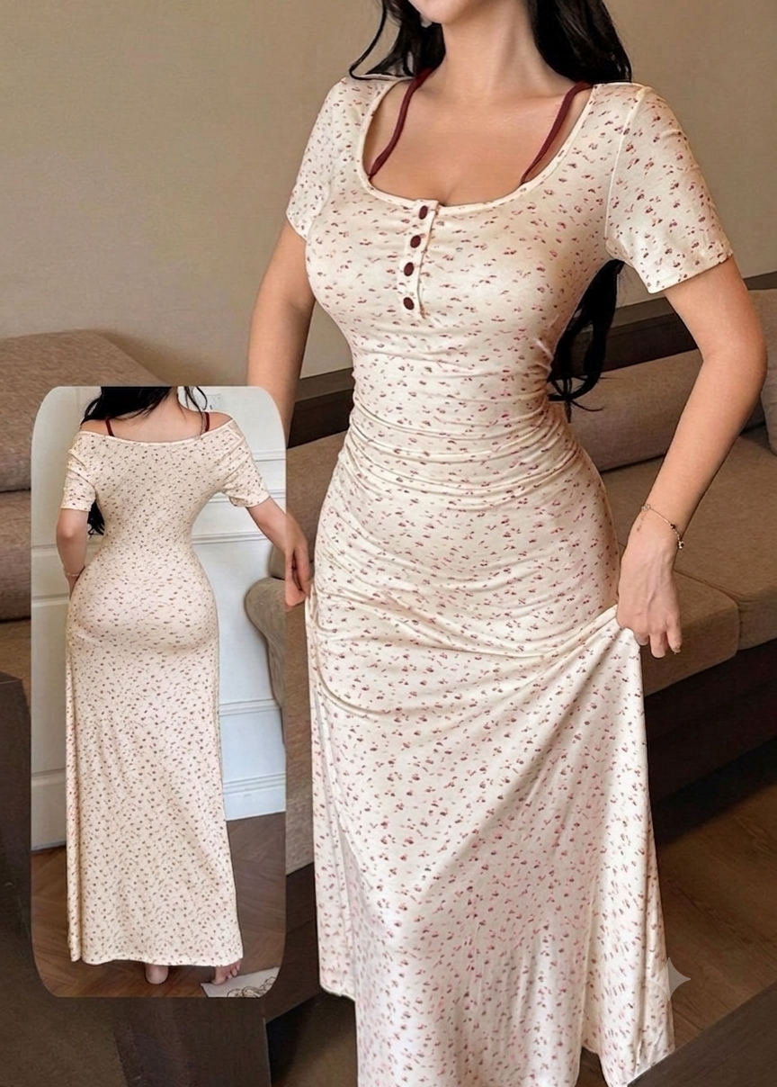 فستان منزلي ميدي بتصميم كلاسيكي وأزرار أمامية | Classic Midi Lounge Dress with Front Buttons