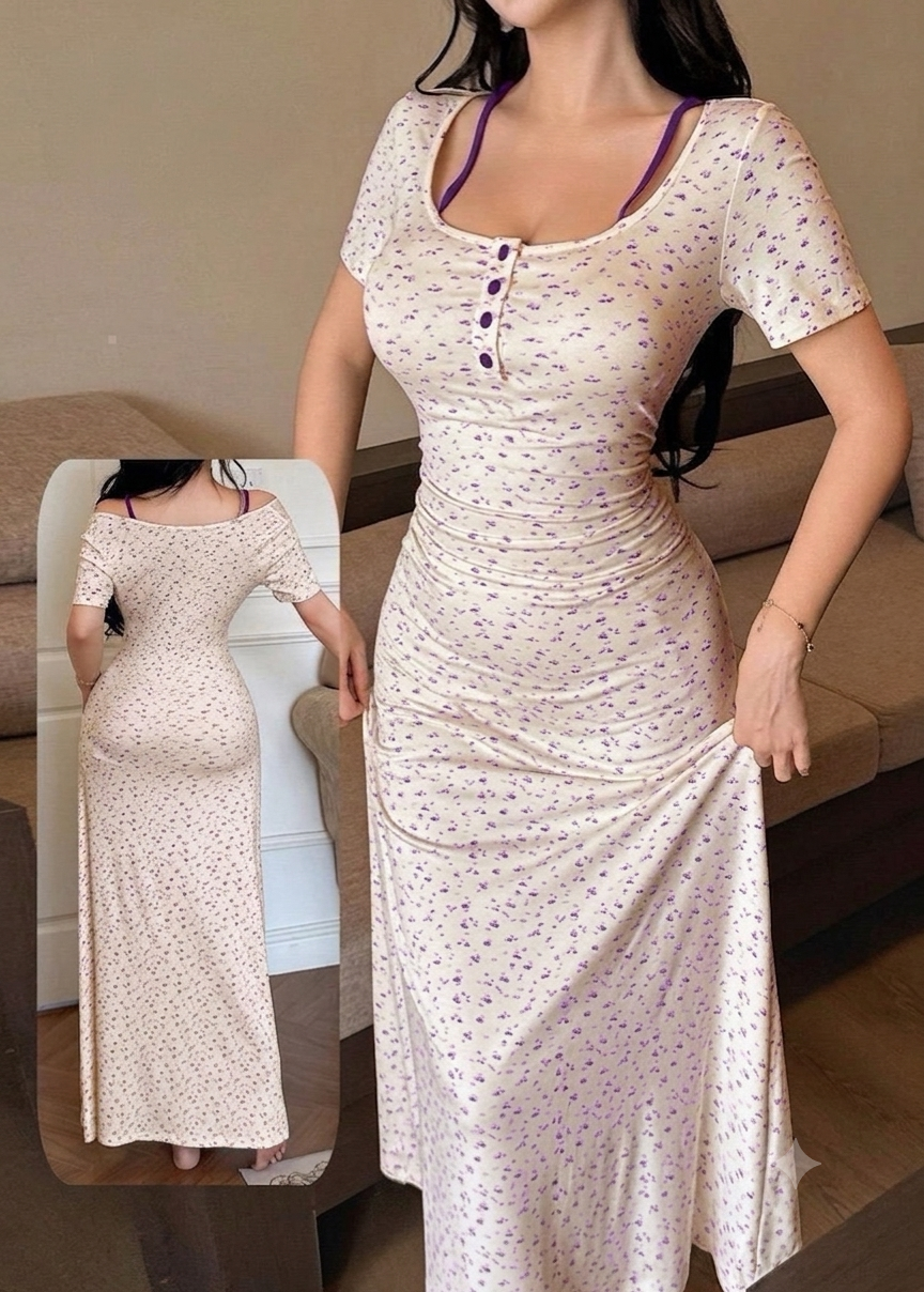 فستان منزلي ميدي بتصميم كلاسيكي وأزرار أمامية | Classic Midi Lounge Dress with Front Buttons