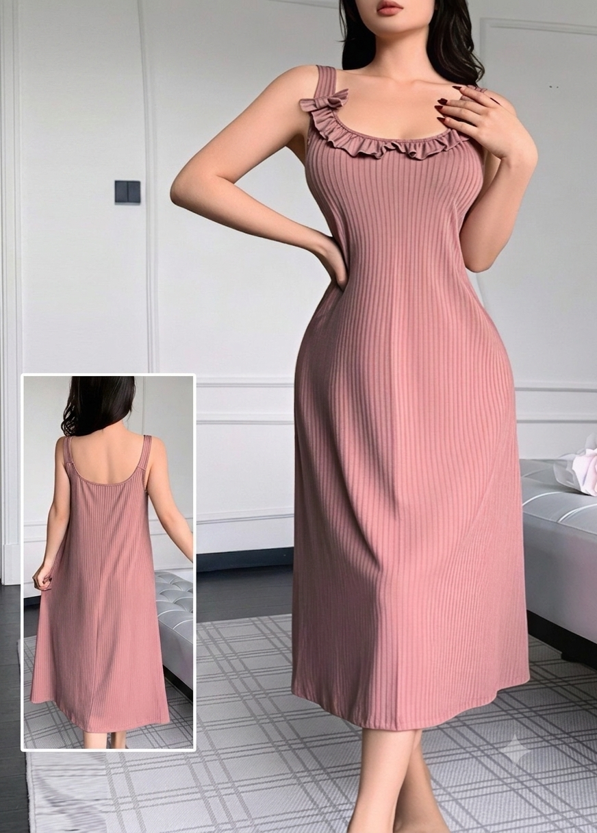 فستان منزلي مضلع بياقة كشكش ناعمة | Ribbed Ruffled Neck Lounge Dress
