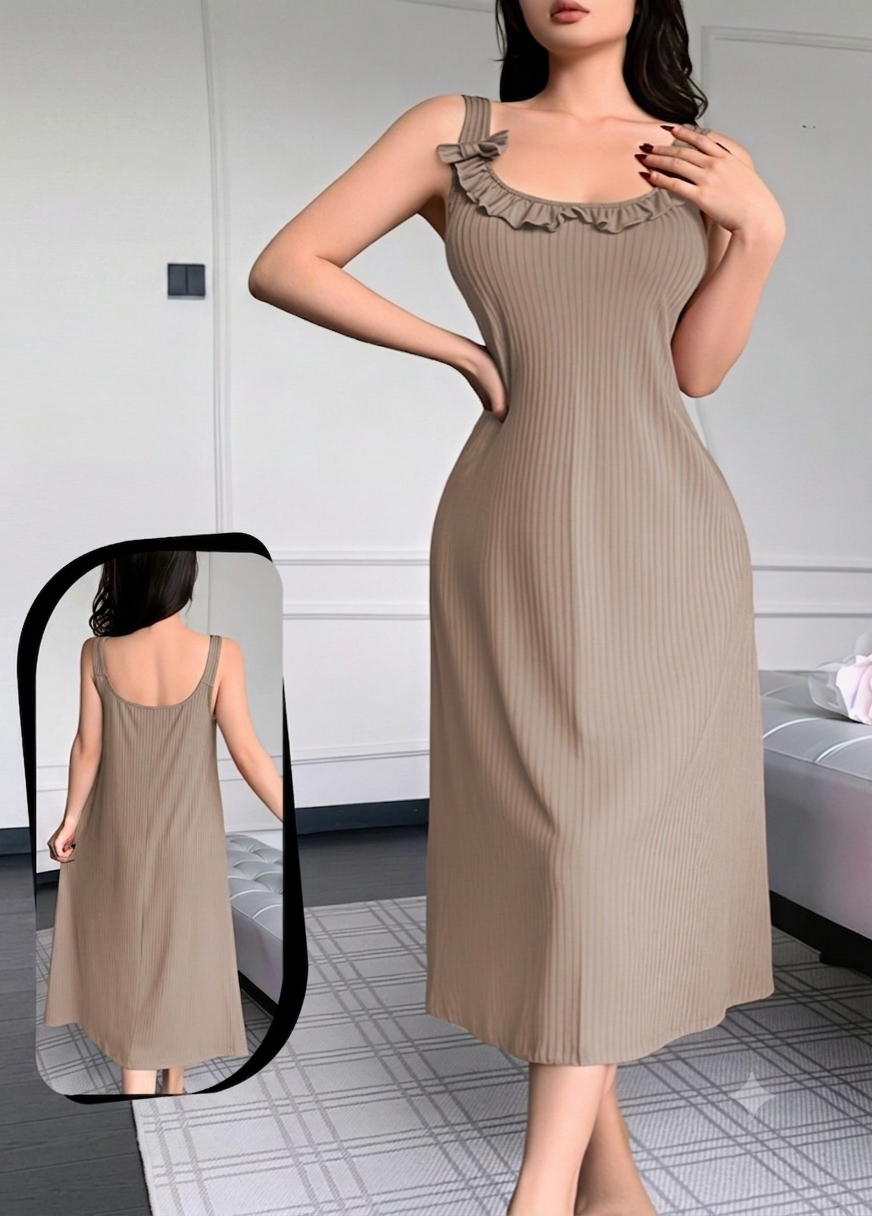 فستان منزلي مضلع بياقة كشكش ناعمة | Ribbed Ruffled Neck Lounge Dress