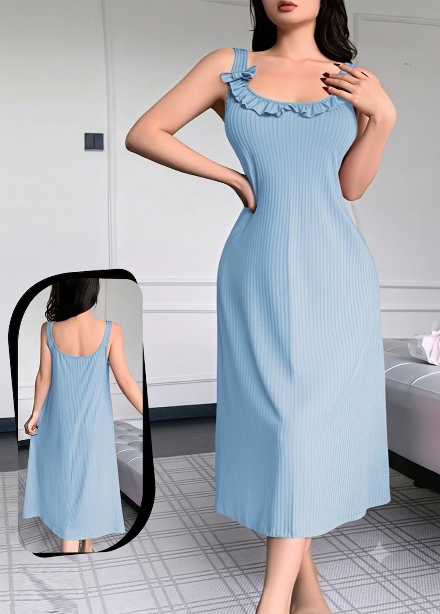 فستان منزلي مضلع بياقة كشكش ناعمة | Ribbed Ruffled Neck Lounge Dress