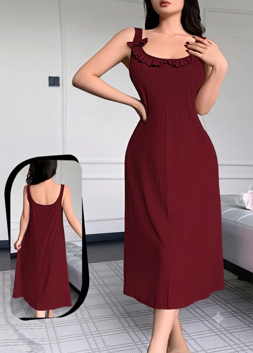 فستان منزلي مضلع بياقة كشكش ناعمة | Ribbed Ruffled Neck Lounge Dress