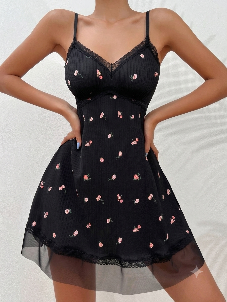 فستان منزلي قصير بتطريزات رقيقة وتفاصيل دانتيل | Delicate Floral Embroidered Lace Lounge Dress