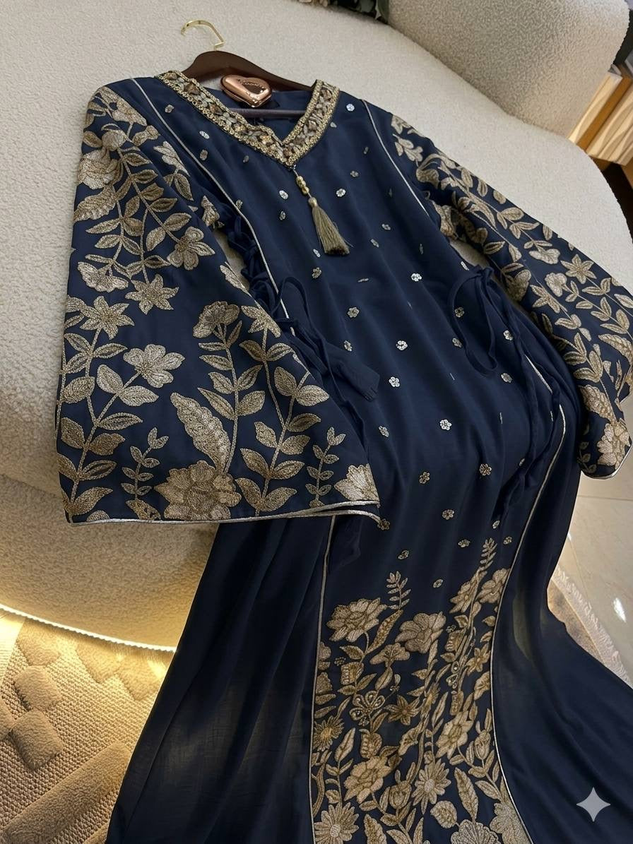عباية ملكية مطرزة بنقوش هندسية فاخرة | Royal Geometric Embroidered Abaya