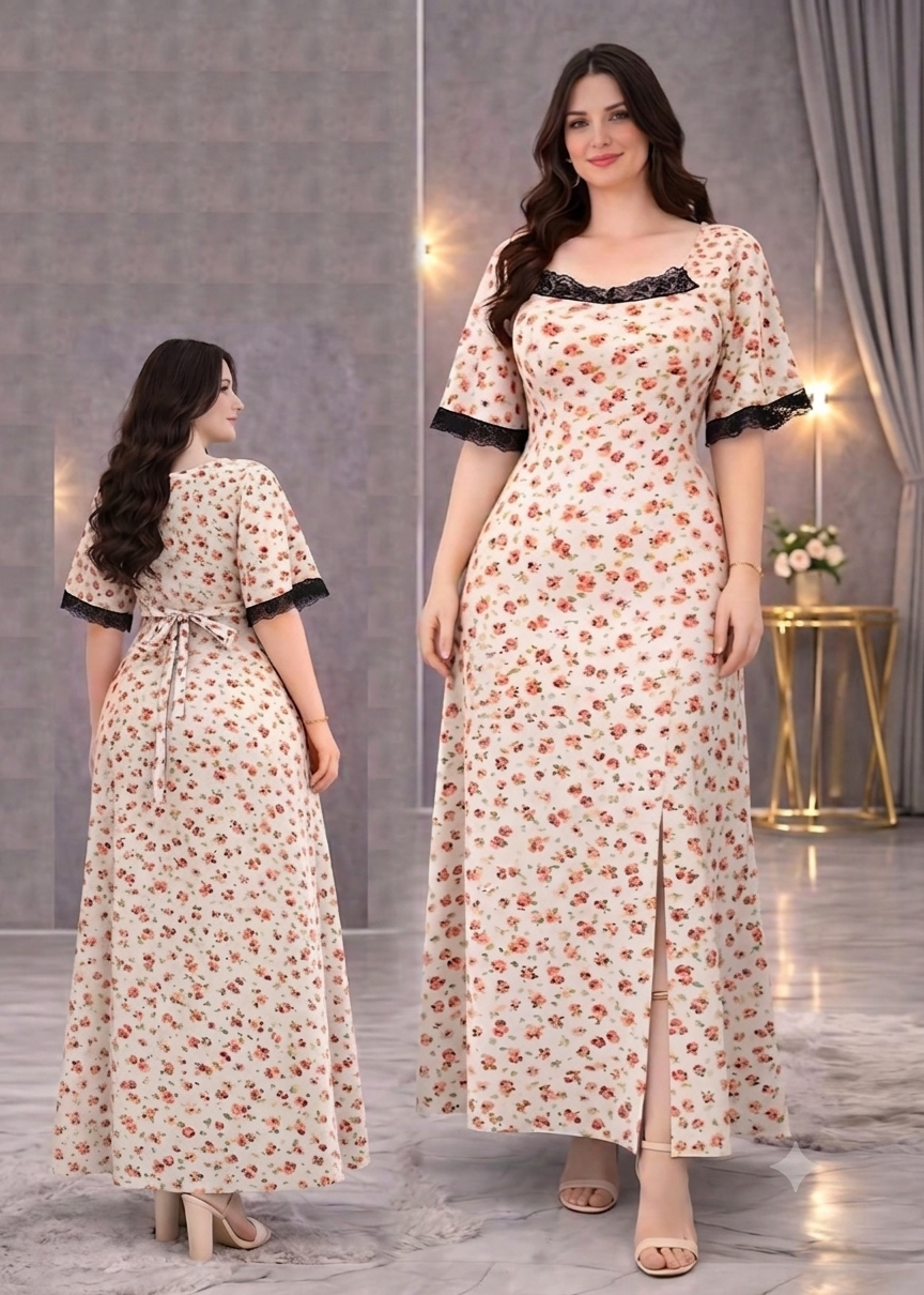 فستان منزلي صيفي بتفاصيل دانتيل | Summer Home Dress with Lace Details